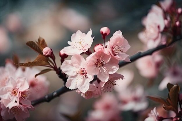 Visão aproximada de flores cor de rosa em um galho de árvore IA generativa