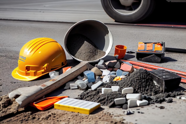 Visão aproximada do reparo da superfície da estrada mostrando várias ferramentas e materiais usados pelo empreiteiro