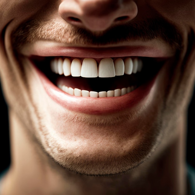 Visão aproximada do sorriso de um homem com dentes perfeitos Generative AI