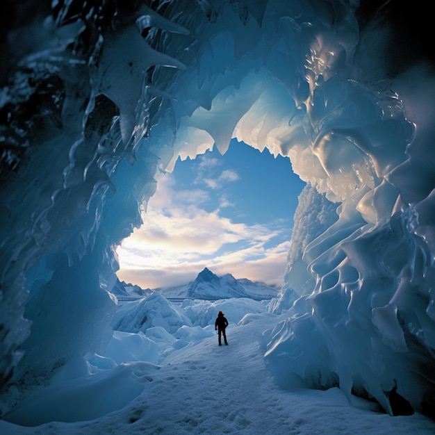 visão arrafada de uma pessoa de pé em uma caverna com neve no chão