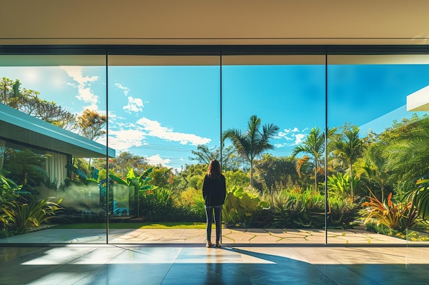 visão arrafada de uma pessoa de pé em uma grande sala com uma grande parede de vidro generativa ai
