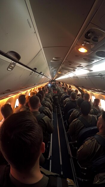 Foto visão arrafed de um grande grupo de pessoas sentadas em um avião generativo ai