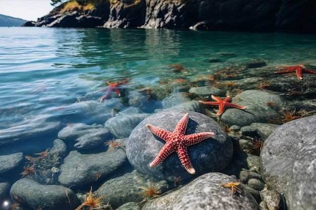 Foto visão da enigmática reunião de estrelas-de-mar ao longo da costa do mar negro em magadan, rússia