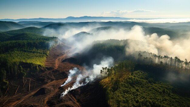 visão de alto ângulo da floresta que foi cortada em uma grande área