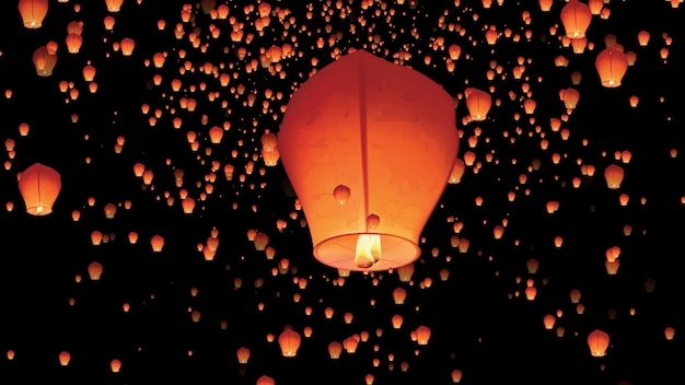 Visão de ângulo baixo da lanterna de papel iluminada contra o céu em lanternas noturnas