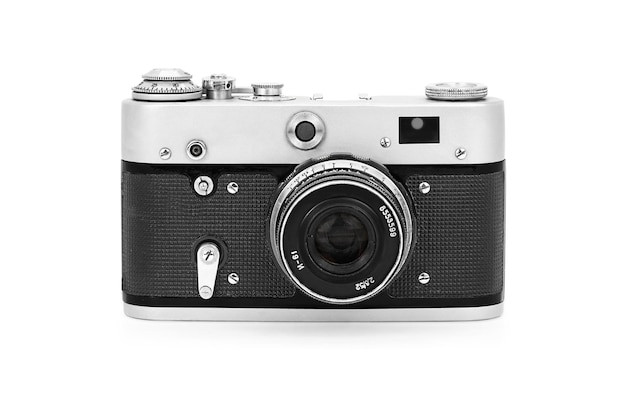 Visão de câmera antiga vintage diretamente em um objeto isolado de fundo branco