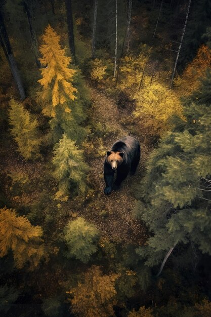 visão de drone de um urso na floresta