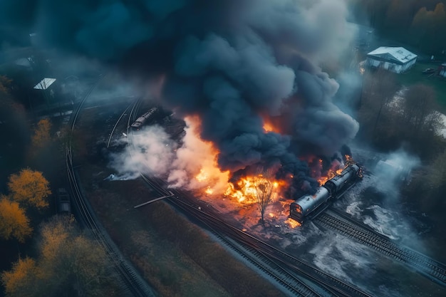 Visão de drone Trem descarrilou explodindo com fogo e fumaça Ilustração generativa de IA