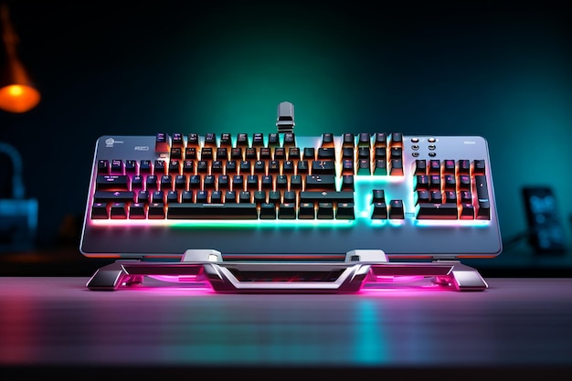 visão de foto de configuração de teclado de jogo de néon iluminado e controlador