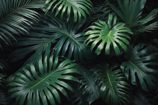 visão de natureza em close-up de folha verde e palmeiras de fundo Flat lay conceito de natureza escura folha tropical