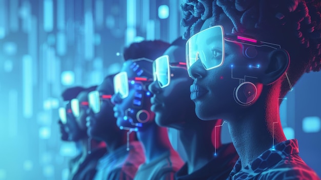 Visão de perfil de várias pessoas com fones de ouvido de realidade virtual contra um fundo digital azul