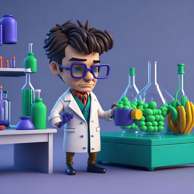 Visão de químico masculino 3D no laboratório com ícone de estilo imagem bonita ilustração de quimico masculino de estilo cômico