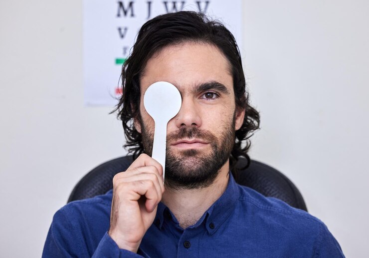 Foto visão de retrato e colher com um homem paciente no optometrista para um exame oftalmológico testando sua percepção de profundidade saúde médica e seguros com um homem sentado no escritório de um oftalmologista