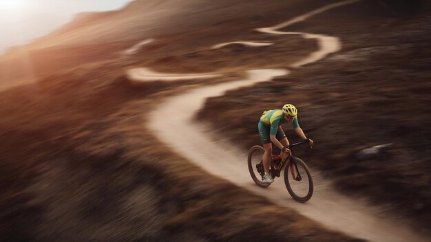 Foto visão de um ciclista a partir de um drone