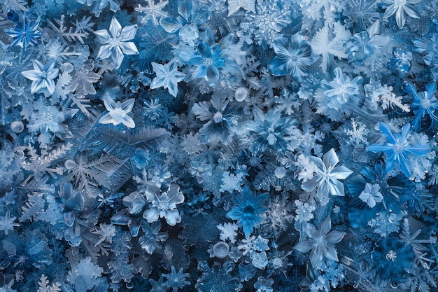 Foto visão detalhada de um único floco de neve azul com padrões intrincados padrões intricados de cristais azuis gelados espalhados por todo