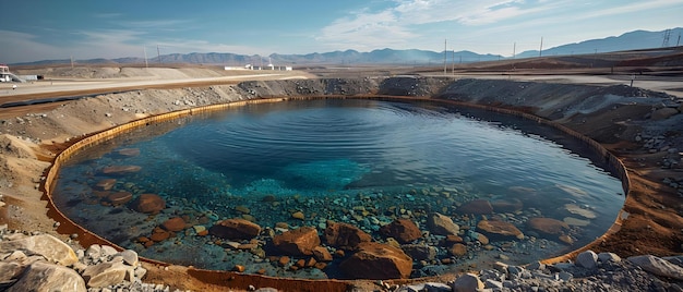 Foto visão detalhada de uma lagoa de resíduos de minas de urânio com sistemas avançados de contenção de tratamento de água conceito mineração de urânio lagoa de tratamento de residuos de água sistemas de contenção impacto ambiental