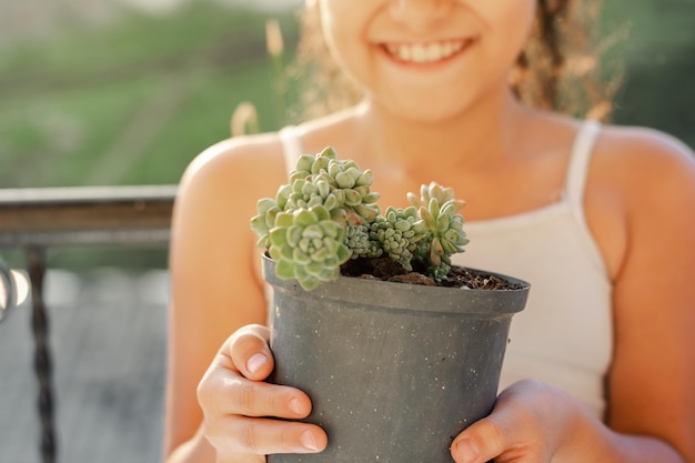 Visão detalhada de uma planta suculenta em um vaso de jardim sendo segurada por uma garotinha latina