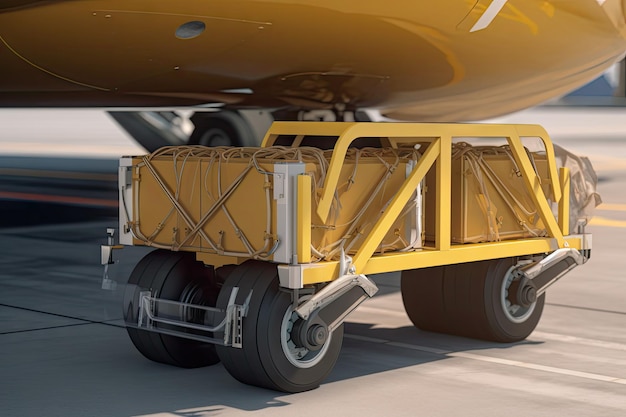 Visão detalhada do carrinho de carga cheio com encomendas comerciais contra o avião de carga turboélice Transporte aéreo e logística Operações de importação e exportação Serviço de voos charter comercial