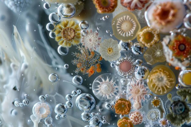 Foto visão detalhada do ecossistema microbiano na gota de água do mar diversas formas de vida aquática e microorganismos coexistindo