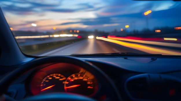Foto visão do condutor para o velocímetro a 59 km h ou 59 mph em uma estrada desfocada em movimento à noite ia geradora