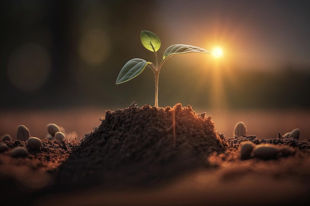 Visão do Dia da Terra de uma semente crescendo no solo Generative AI