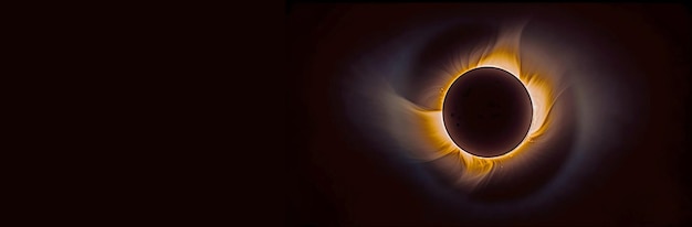 Visão do eclipse solar do fenômeno astronômico do planeta Komos com um banner de cabeçalho de coroa de fogo