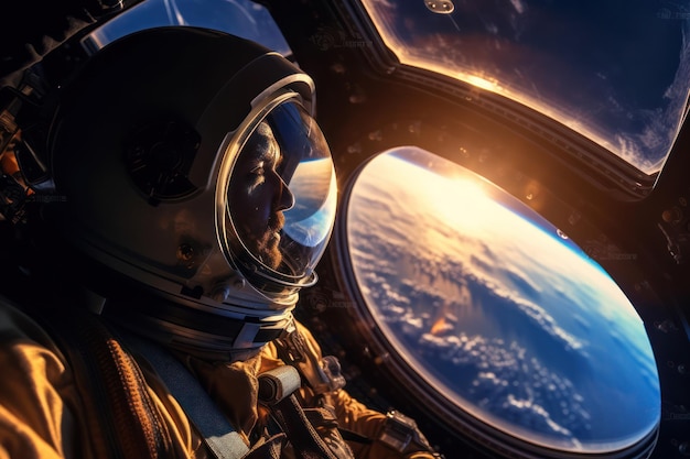 Visão do explorador espacial Astronauta em traje de proteção olha pela janela da nave espacial além da Terra
