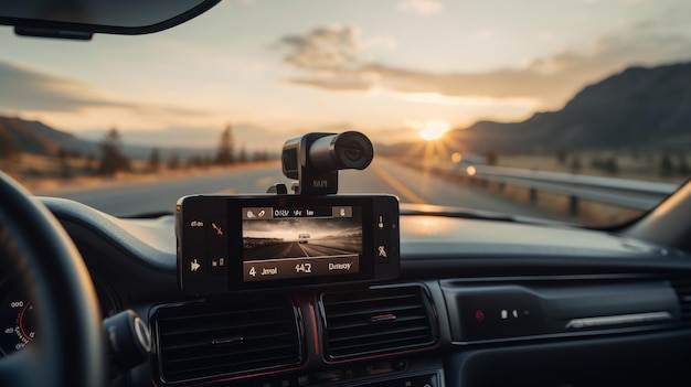 Visão do painel do carro com telefone