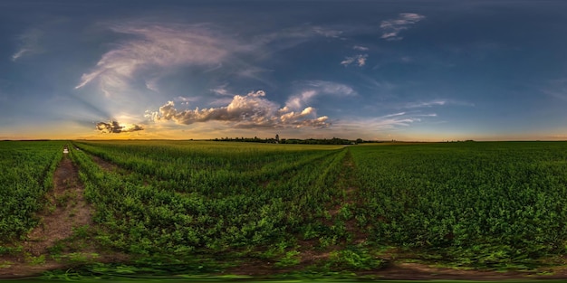 Visão esférica do panorama hdri noturno 360 entre campos agrícolas com incríveis nuvens do sol em projeção equirretangular pronta para conteúdo de realidade virtual VR AR