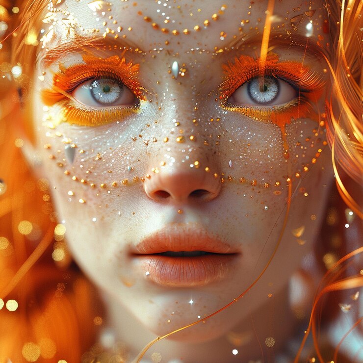 Foto visão etérea um retrato hipnotizante de uma mulher com olhos azuis penetrantes e cabelo laranja vibrante