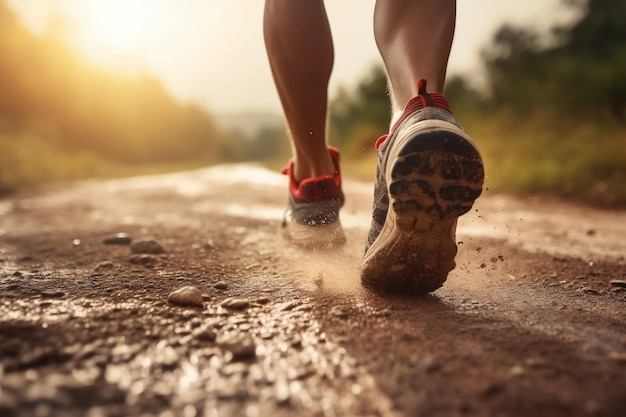 Visão focada Corredores do sexo masculino pernas em uma estrada de terra durante o Jog IA geradora