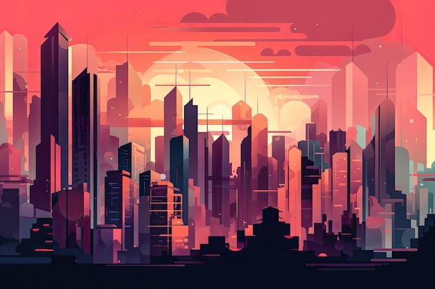Visão futurista de uma cidade com cores vibrantes Ilustração plana abstrata arte conceitual do futuro da ficção científica