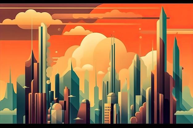 Visão futurista de uma cidade com cores vibrantes Ilustração plana abstrata arte conceitual do futuro da ficção científica