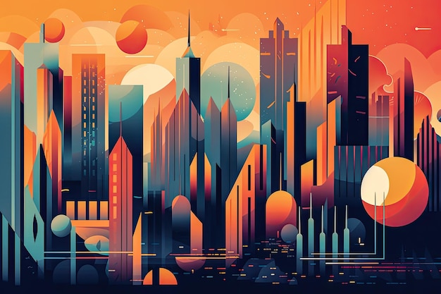 Visão futurista de uma cidade com cores vibrantes Ilustração plana abstrata arte conceitual do futuro da ficção científica