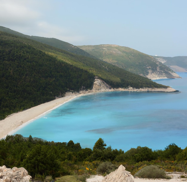 Visão geral da paisagem com montanhas, árvores, mar e céu azul