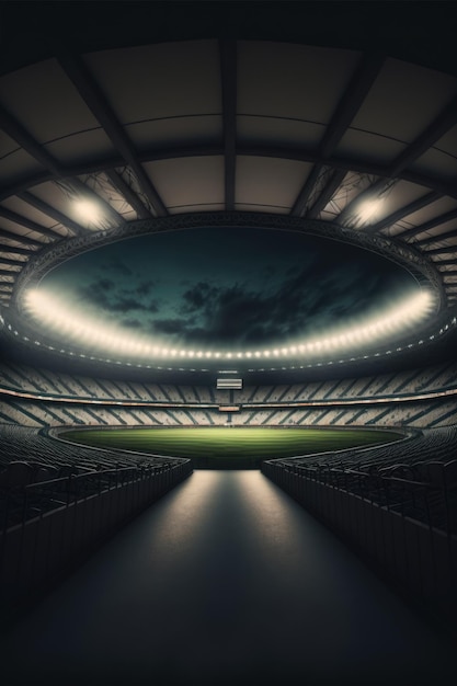 Visão geral do estádio de futebol com luzes sobre o céu criadas usando tecnologia de IA generativa