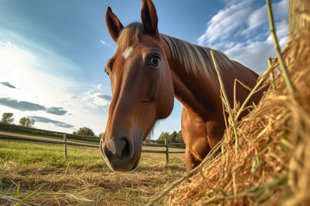 Visão grande angular de cavalo desfrutando de feno em campo criado com IA generativa