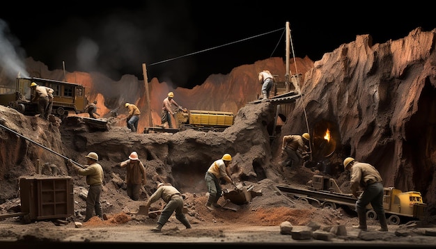 Visão grande angular em escala Diorama de um grupo de mineiros trabalhando em uma mina de ouro