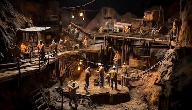 Visão grande angular em escala Diorama de um grupo de mineiros trabalhando em uma mina de ouro