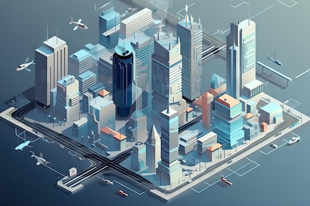 Visão isométrica da paisagem urbana futurista com veículos voadores e edifícios imponentes criados com gene