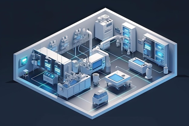 Visão isométrica do laboratório futurista com equipamentos de alta tecnologia e experimentos em andamento