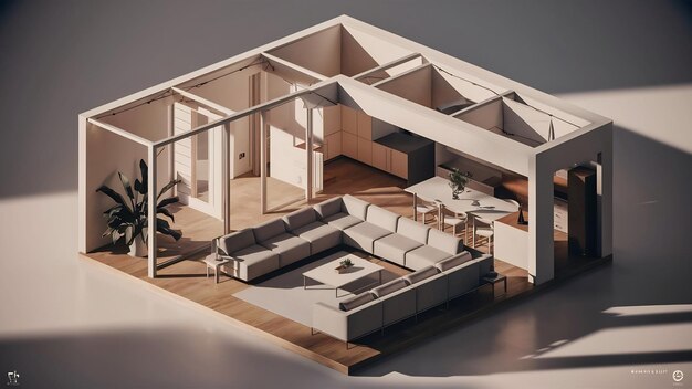 Visão isométrica sala de estar estilo muji aberto dentro de arquitetura de interiores 3D renderização de arte digital