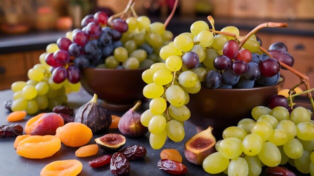 Foto visão lateral de perto de uvas tigelas castanhas de frutas secas e feixes de uvas no tabuleiro da cozinha