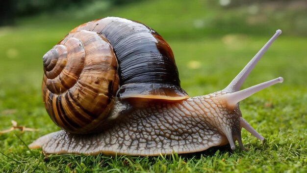 Visão lateral do caracol gigante no caracol mos achatina fulica em close-up