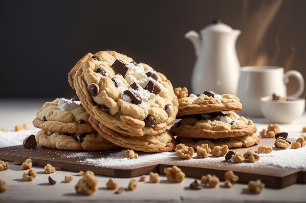 Visão lateral mistura biscoitos com chips de chocolate de nozes, queijo cottage, bolinhos de pastelaria, baunilha e açúcar em pó