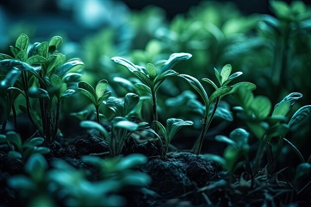 Visão macro de plantas verdes crescendo em fundo abstrato