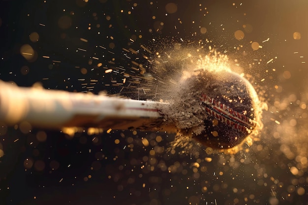 Foto visão macro de um taco de críquete batendo uma bola de críqete histórico esportivo de críquetes ia gerativa