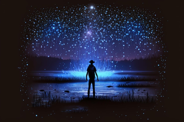 Visão noturna de um homem em pé no pântano com vaga-lumes e lua cheia no pano de fundo Conceito de fantasia Ilustração pintura Generative AI