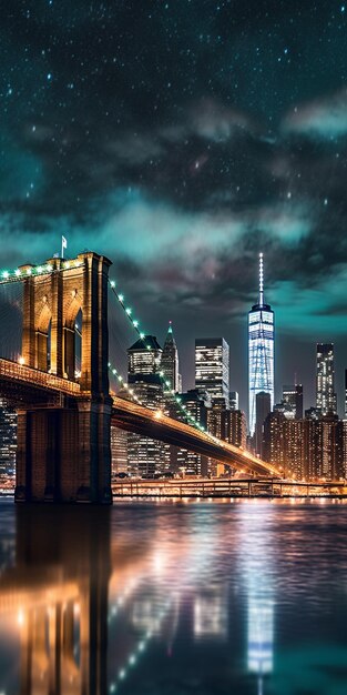 visão noturna de um horizonte da cidade com uma ponte e um edifício generativo ai