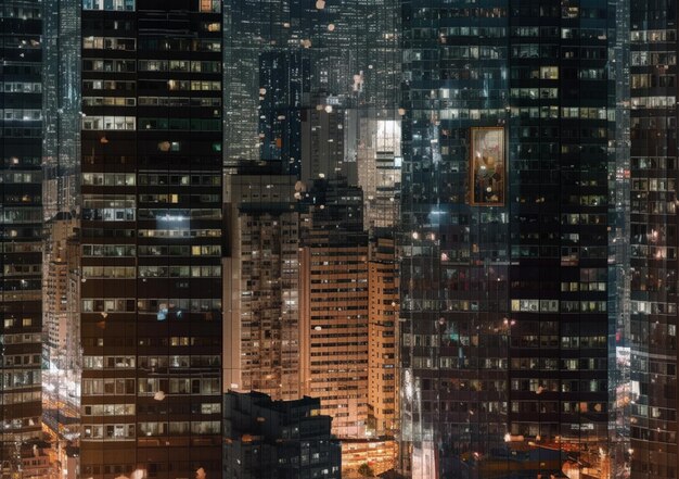 Foto visão noturna de uma cidade com edifícios altos e uma torre de relógio